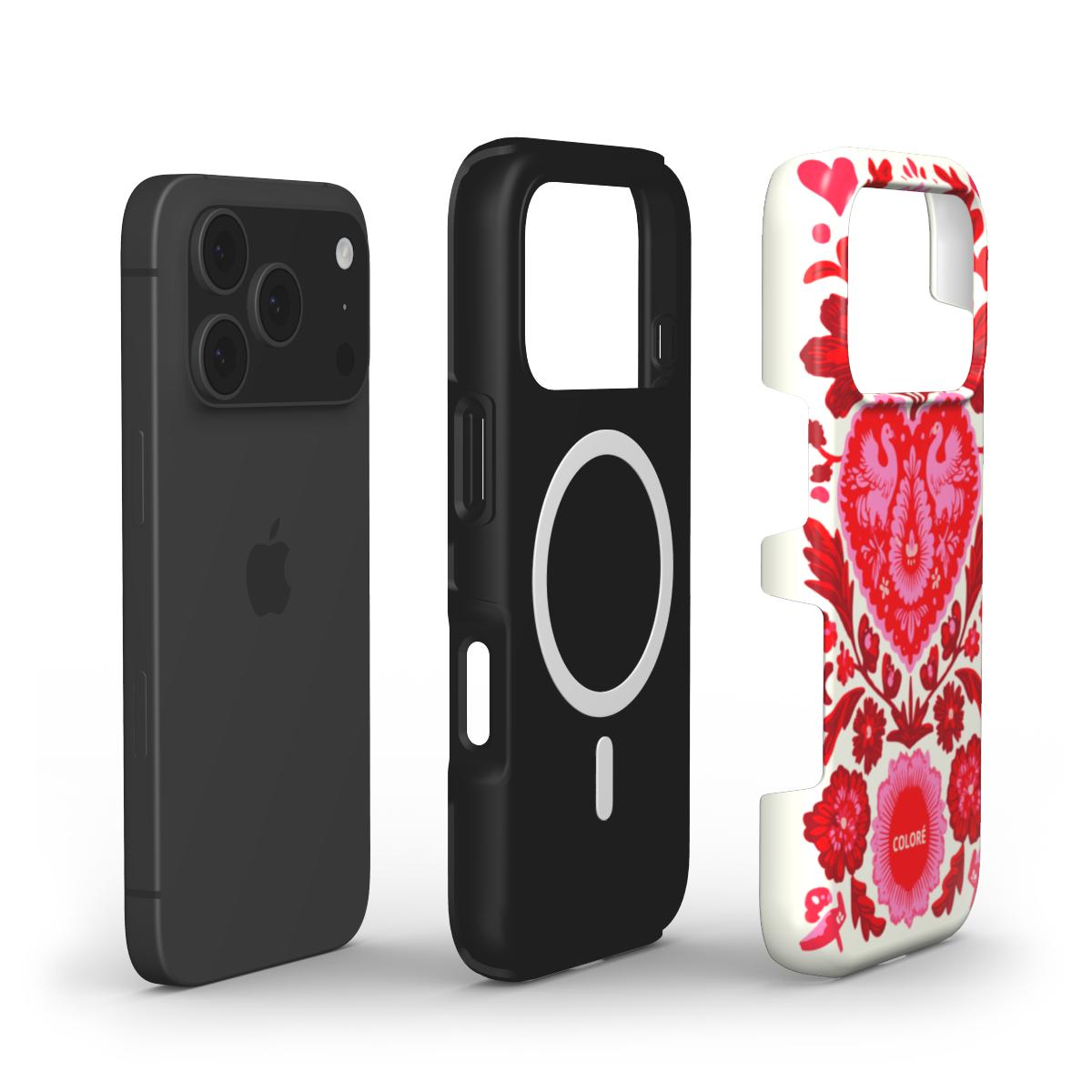 Coloré Folk Love Bloom – Red & Pink MagSafe Tough Phone Case with raised bezel, magsafe case aesthetic