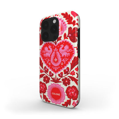 Coloré Folk Love Bloom - Red & Pink Tough Phone Case with raised bezel and dual-layer armor, stylish phone case