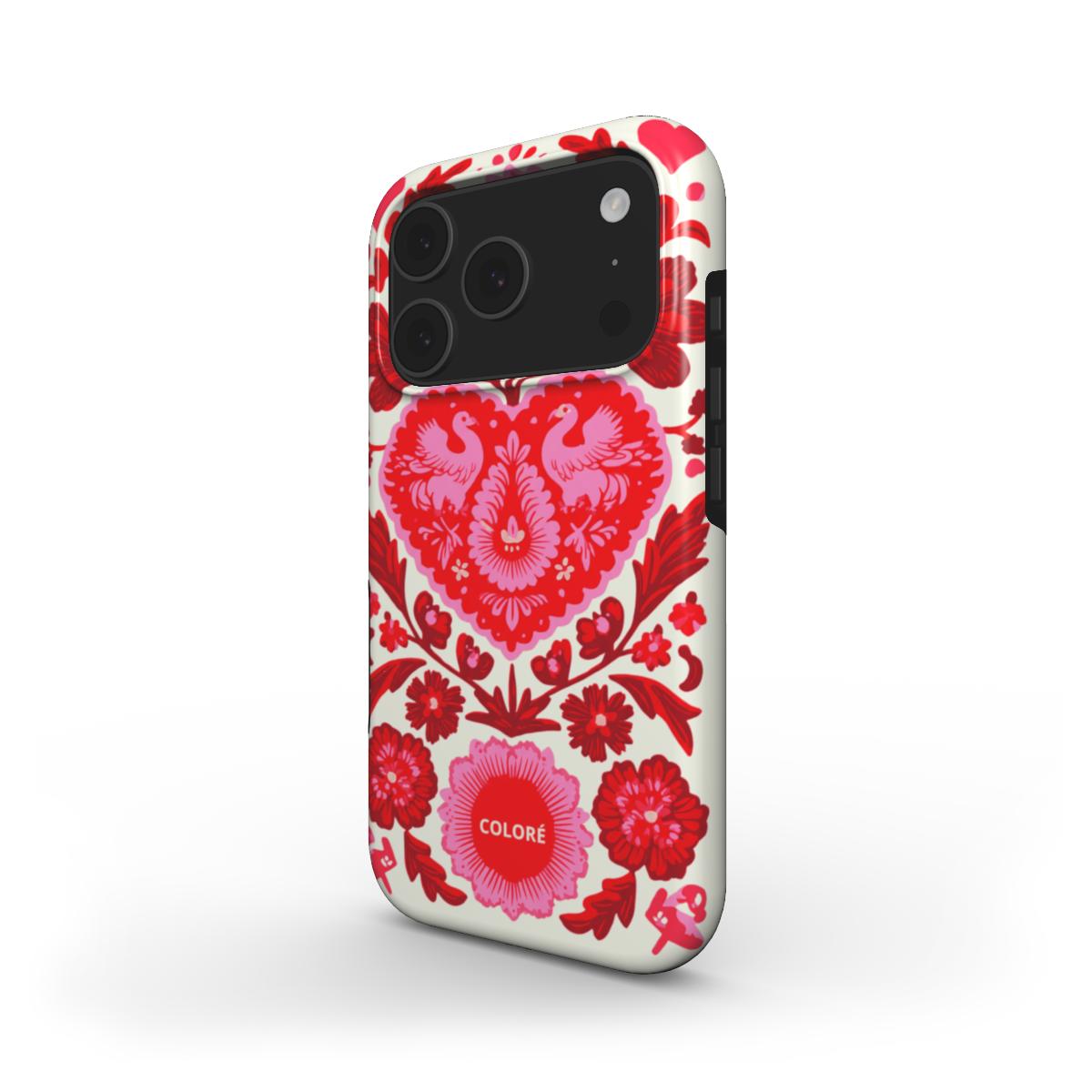 Coloré Folk Love Bloom - Red & Pink MagSafe Tough Phone Case with raised bezel, magsafe case aesthetic