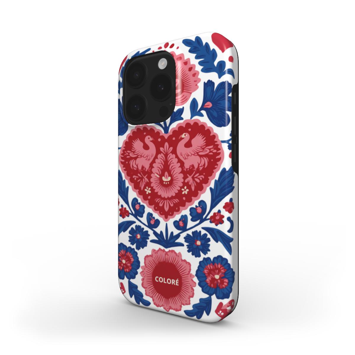 Coloré Folk Love Bloom - Blue & Red Tough Phone Case with raised bezel and dual-layer armor stylish phone case