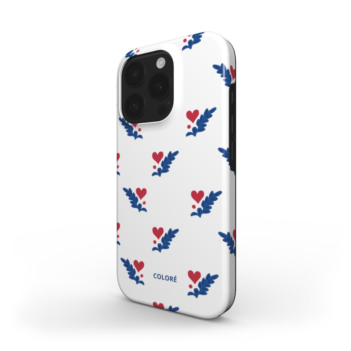 Coloré Folk Love Whispers - Blue & Red Tough Phone Case with raised bezel and dual-layer shell, stylish phone case