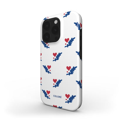 Coloré Folk Love Whispers - Blue & Red Tough Phone Case with raised bezel and dual-layer shell, stylish phone case