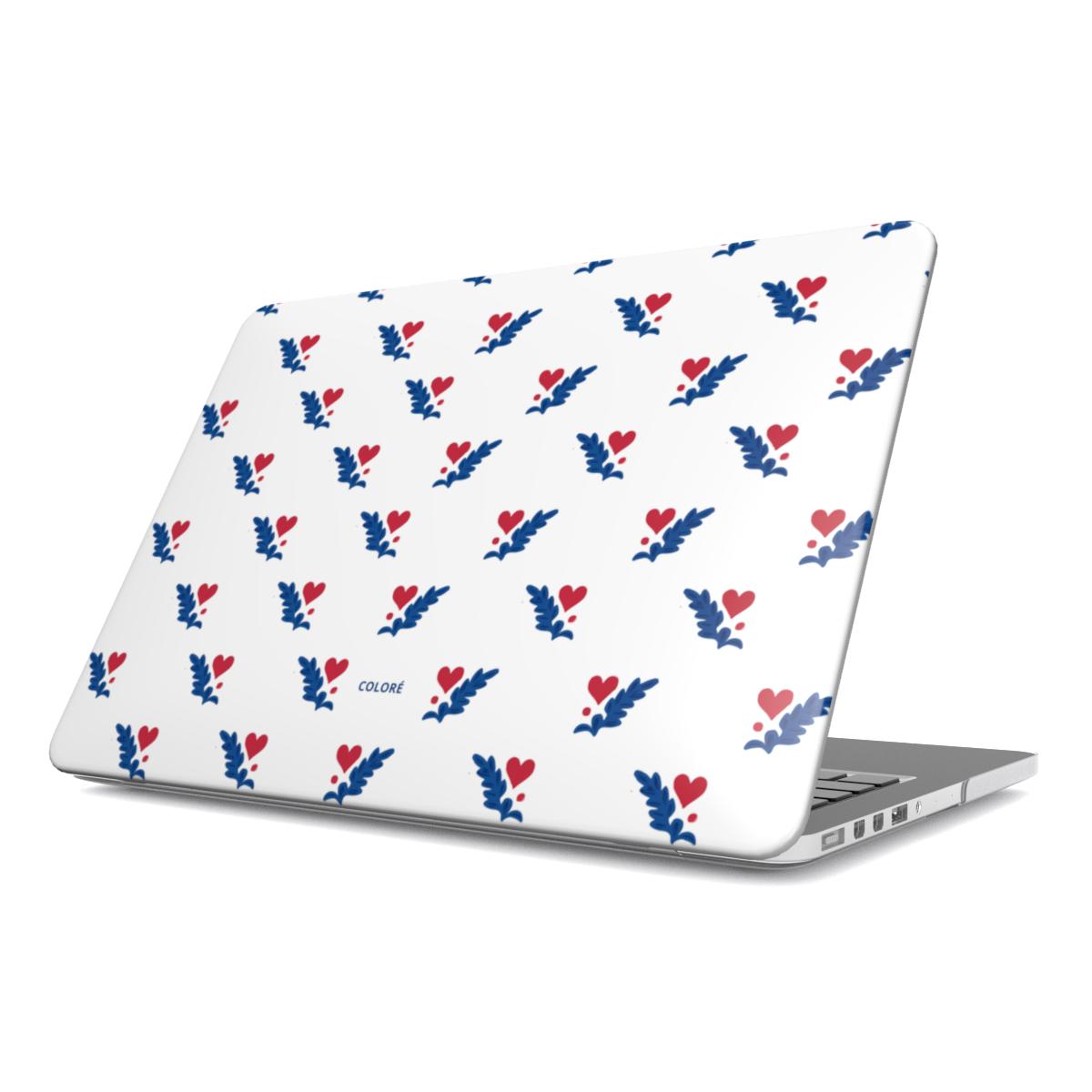 Coloré Folk Love Whispers Blue & Red MacBook Case with vented base and rubber feet, stylish macbook case