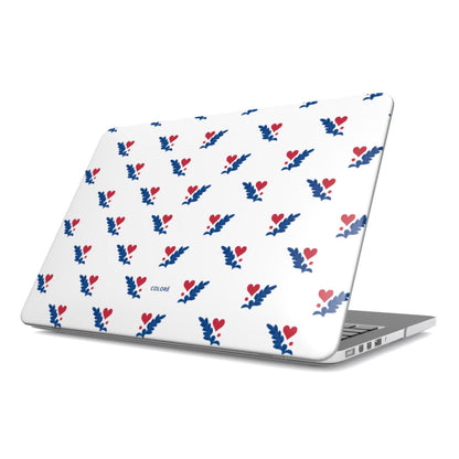 Coloré Folk Love Whispers Blue & Red MacBook Case with vented base and rubber feet, stylish macbook case
