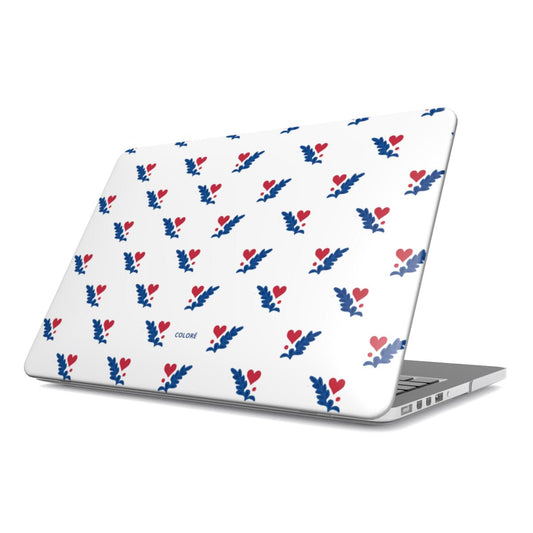 Coloré Folk Love Whispers Blue & Red MacBook Case with vented base and rubber feet, stylish macbook case