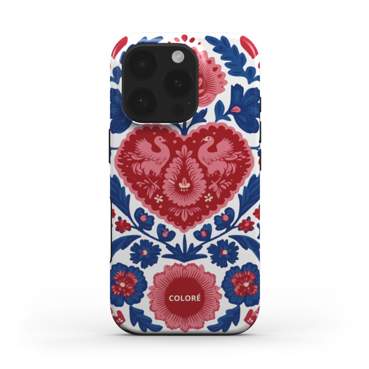 Coloré Folk Love Bloom - Blue & Red tough phone case with raised bezel and dual-layer armor, stylish phone case design