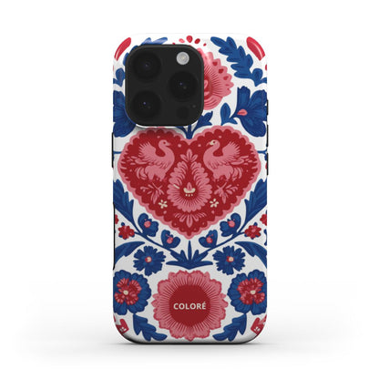 Coloré Folk Love Bloom - Blue & Red tough phone case with raised bezel and dual-layer armor, stylish phone case design