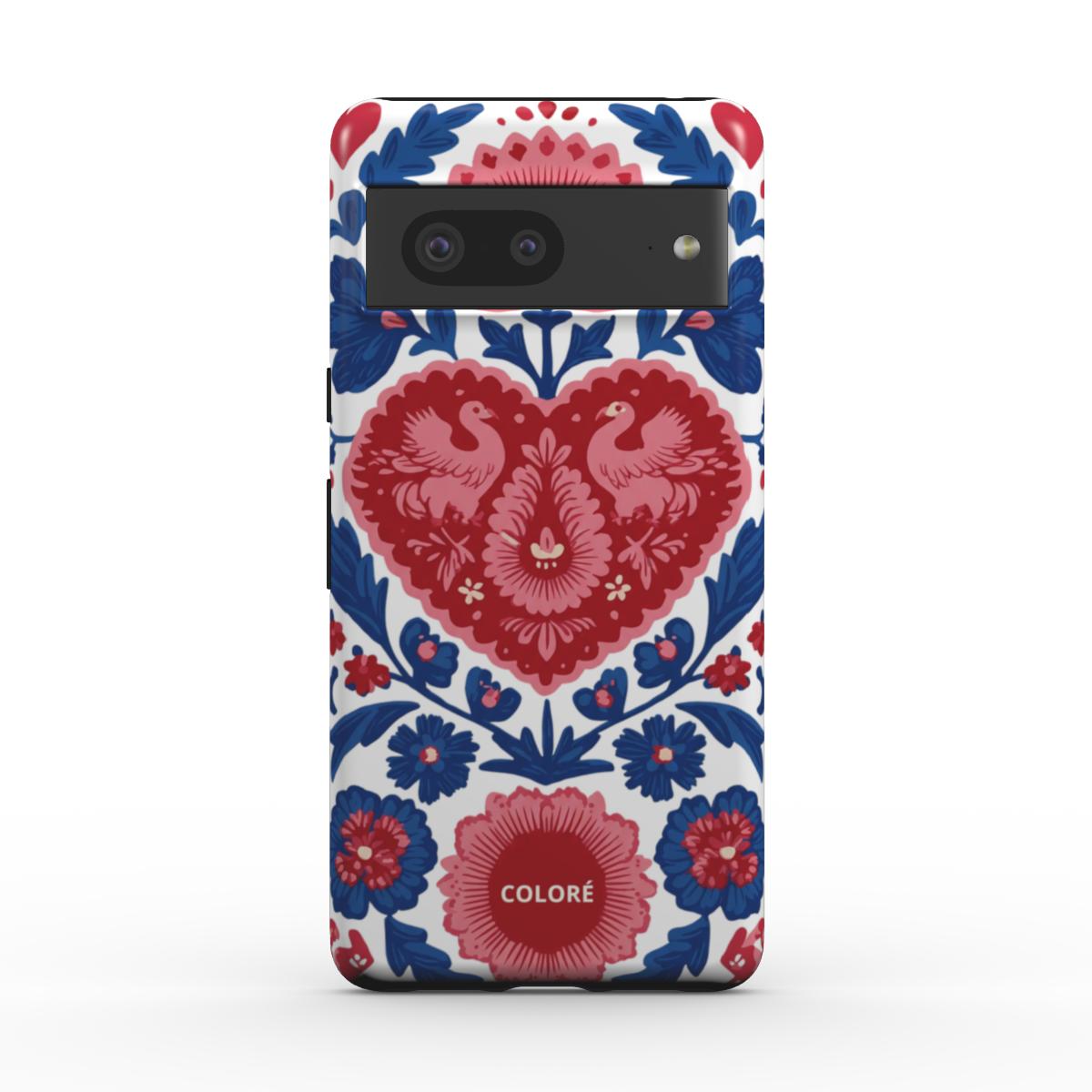 Coloré Folk Love Bloom – Blue & Red magnetic tough phone case with floral pattern and red accents