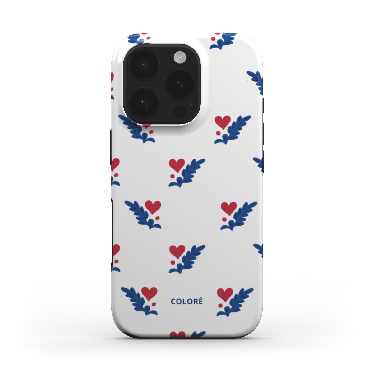 Coloré Folk Love Whispers - Blue & Red Tough Phone Case with raised bezel and dual-layer shell, stylish phone case
