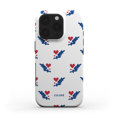 Coloré Folk Love Whispers - Blue & Red Tough Phone Case with raised bezel and dual-layer shell, stylish phone case