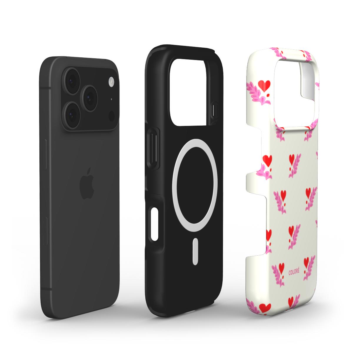 Coloré Folk Love Whispers – Red & Pink MagSafe Tough Phone Case with raised bezel and dual-layer build, magsafe case aesthetic