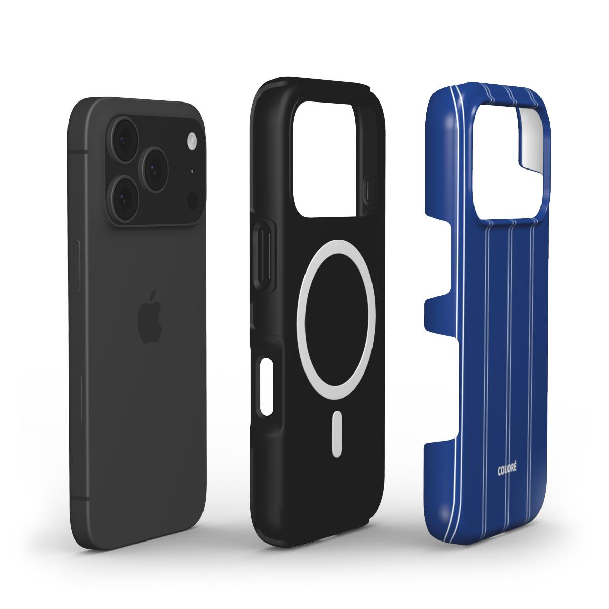 Coloré Sweetline Stripes – Blue & White MagSafe Tough Phone Case with raised bezel and dual-layer build, magsafe case aesthetic