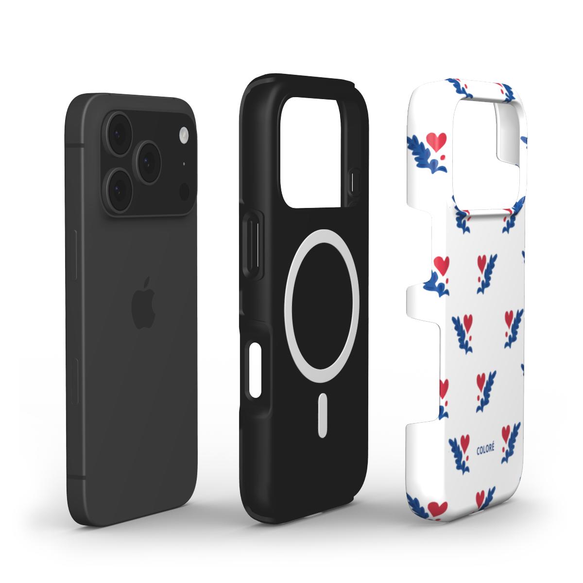 Coloré Folk Love Whispers - Blue & Red MagSafe Tough Phone Case with raised bezel and dual-layer shell, magsafe case aesthetic