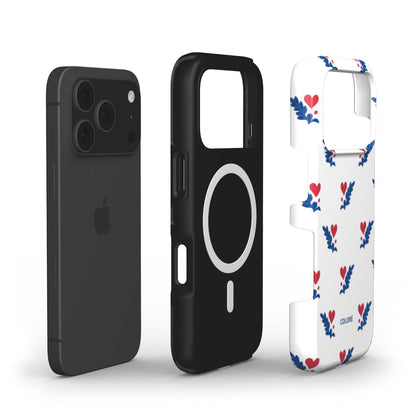 Coloré Folk Love Whispers - Blue & Red MagSafe Tough Phone Case with raised bezel and dual-layer shell, magsafe case aesthetic