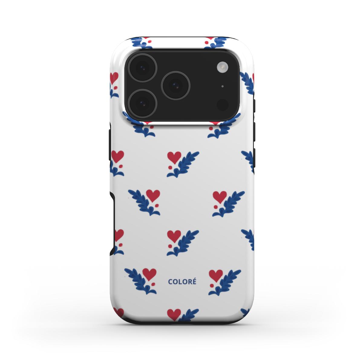 Coloré Folk Love Whispers - Blue & Red MagSafe Tough Phone Case with raised bezel edge, magsafe case aesthetic