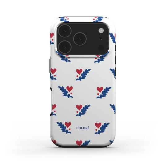 Coloré Folk Love Whispers - Blue & Red MagSafe Tough Phone Case with raised bezel edge, magsafe case aesthetic