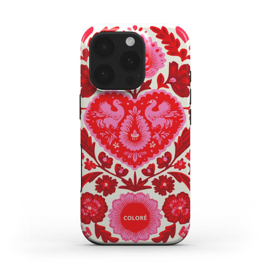 Coloré Folk Love Bloom – Red & Pink Tough Phone Case with raised bezel edge and floral finish, stylish phone case