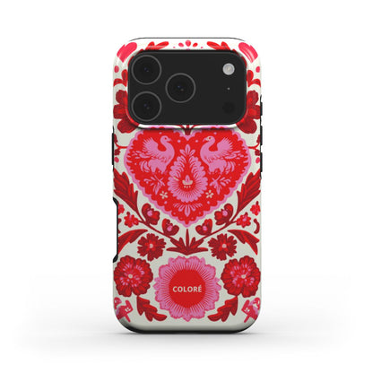Coloré Folk Love Bloom – Red & Pink MagSafe Tough Phone Case with raised bezel and dual-layer build, magsafe case aesthetic