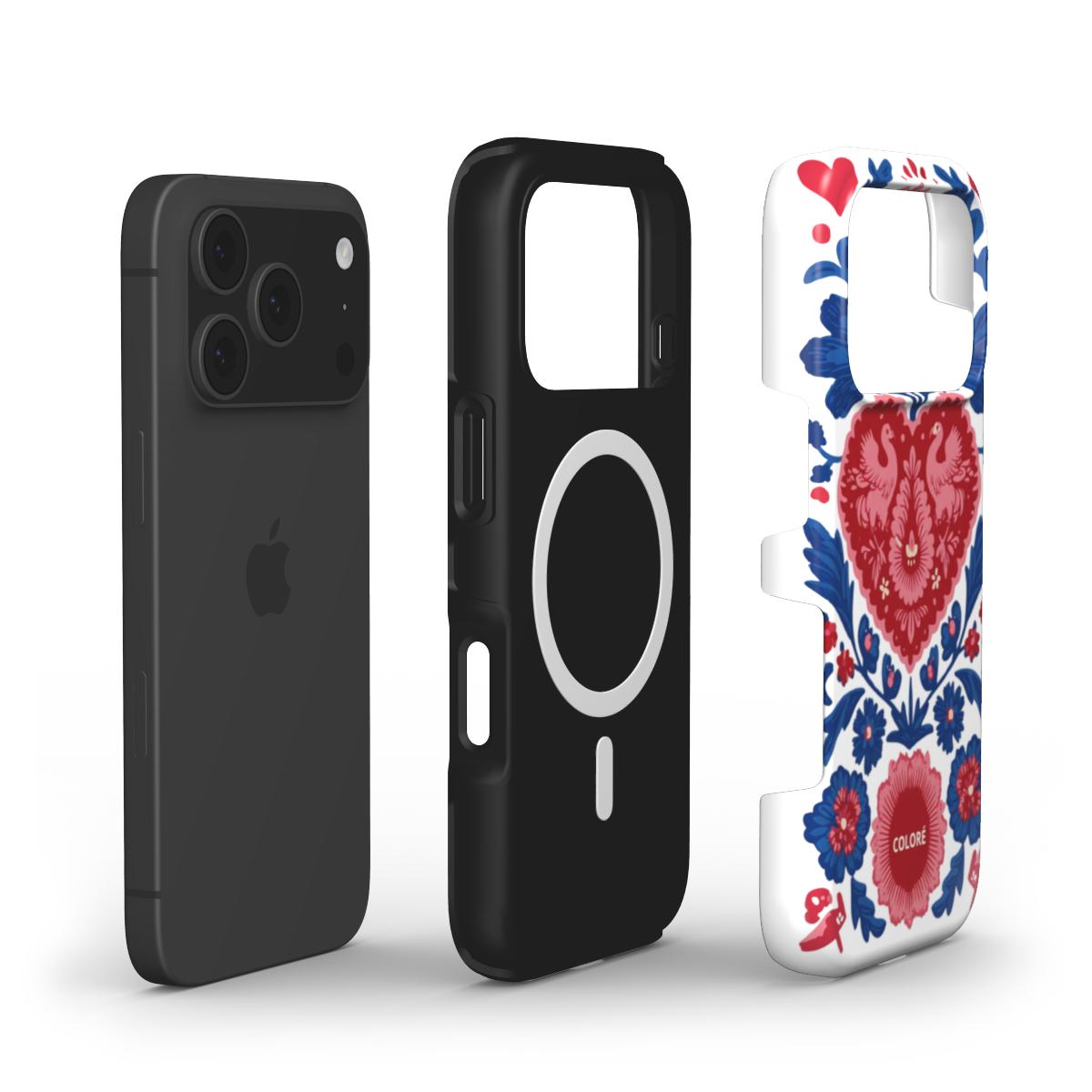 Coloré Folk Love Bloom – Blue & Red MagSafe Tough Phone Case with raised bezel and dual-layer build, magsafe case aesthetic