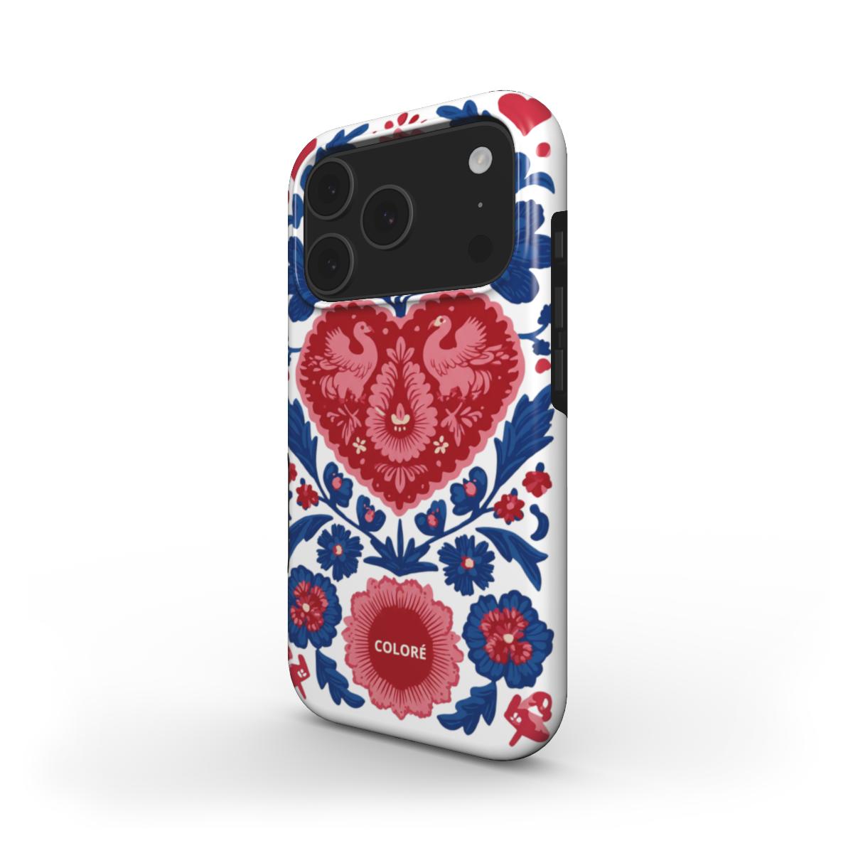 Coloré Folk Love Bloom - Blue & Red MagSafe Tough Phone Case with raised bezel and strong magnetic alignment, magsafe case aesthetic