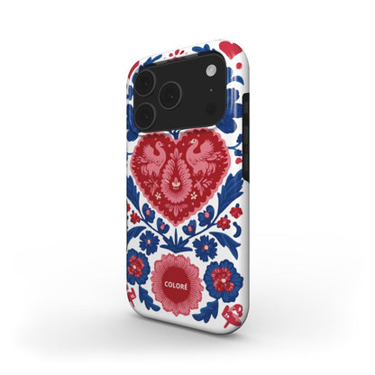 Coloré Folk Love Bloom - Blue & Red MagSafe Tough Phone Case with raised bezel and strong magnetic alignment, magsafe case aesthetic