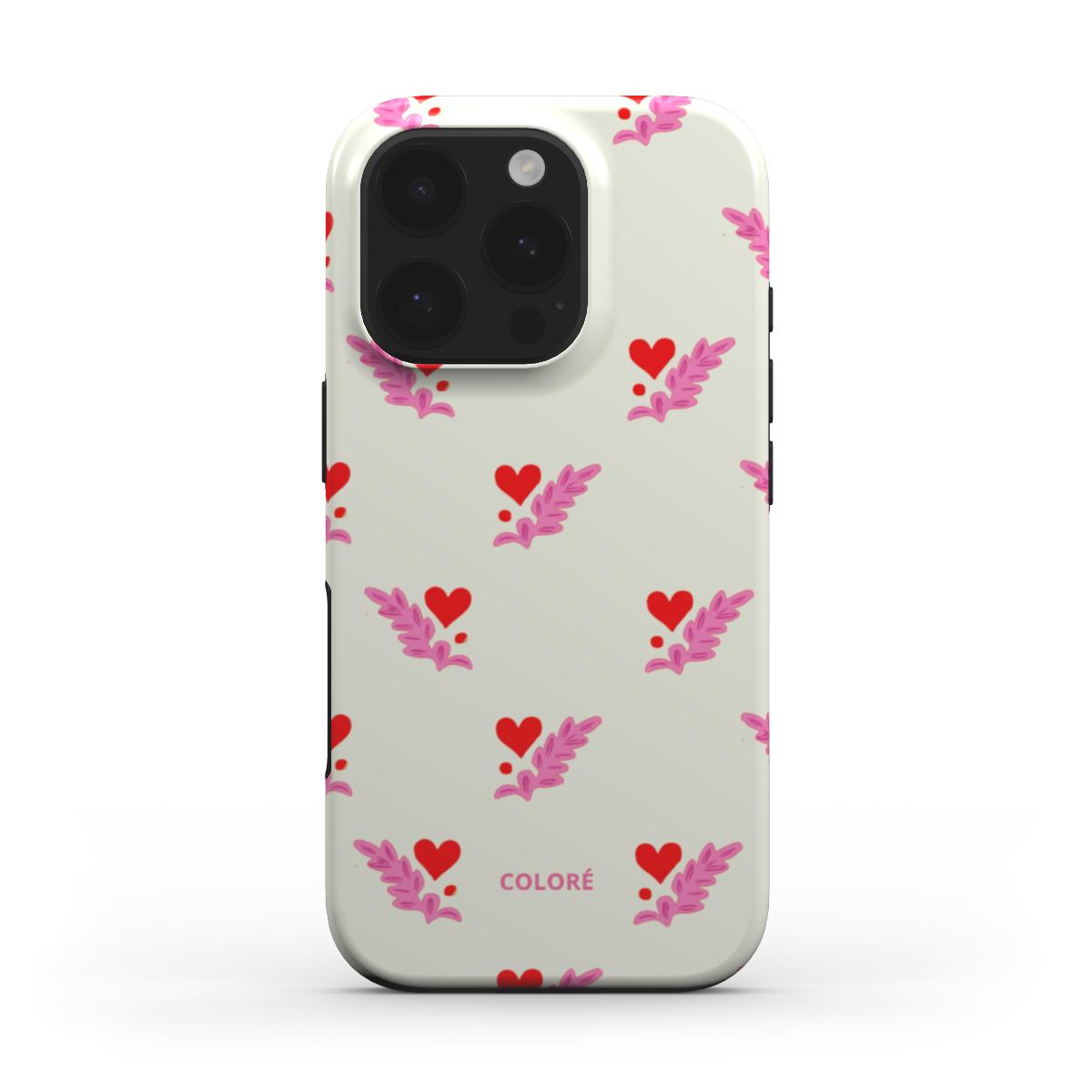 Coloré Folk Love Whispers - Red & Pink Tough Phone Case with raised bezel edge and dual-layer design, stylish phone case