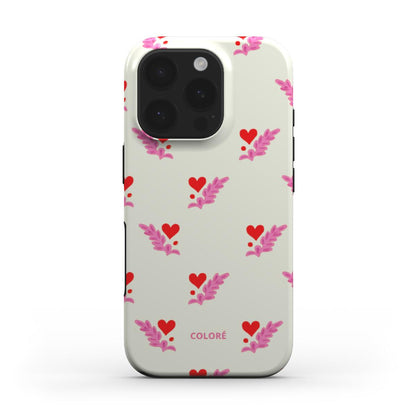 Coloré Folk Love Whispers - Red & Pink Tough Phone Case with raised bezel edge and dual-layer design, stylish phone case